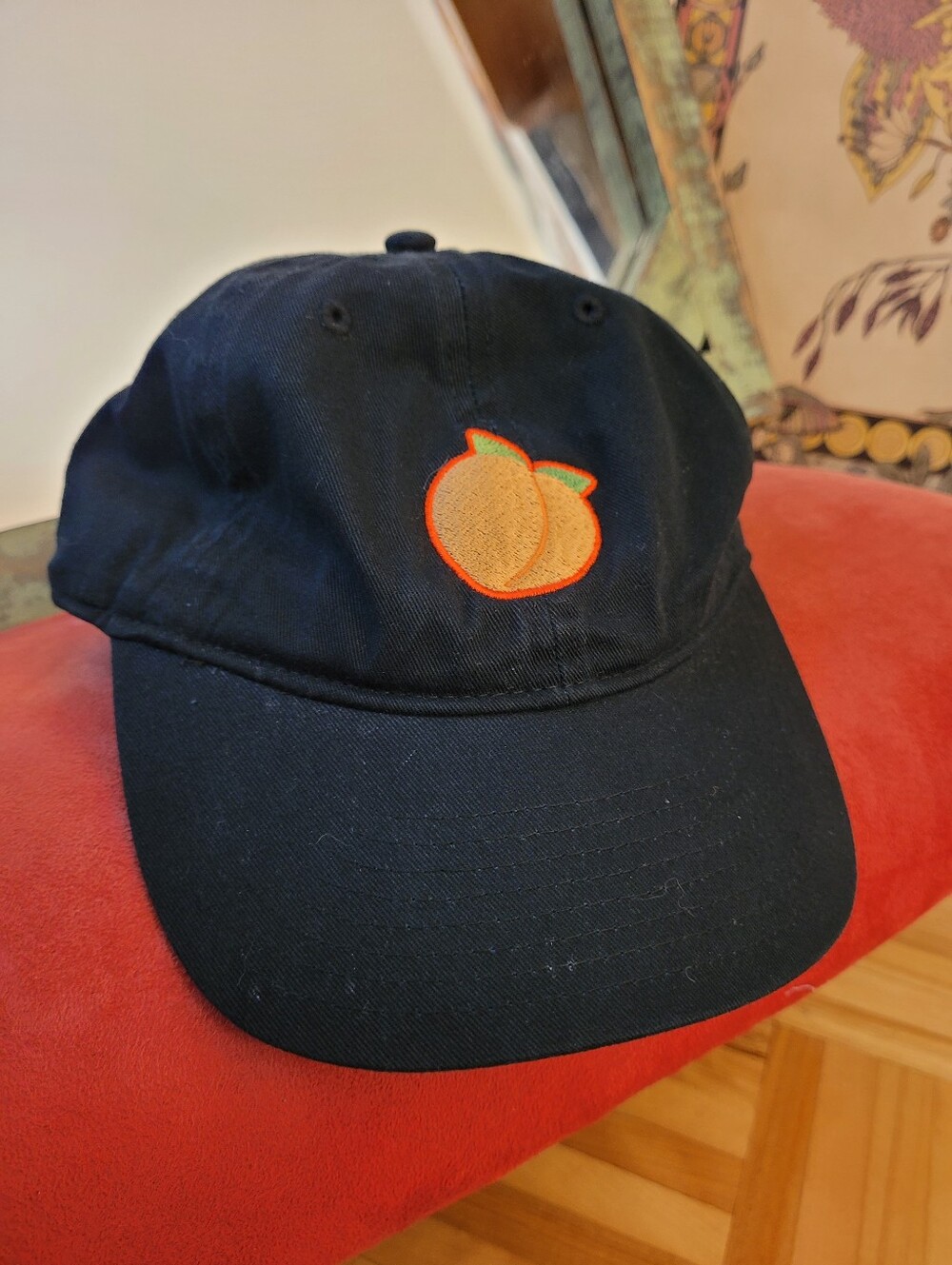 Peach Embroidered Black Baseball Cap - Adjustable 22-23"